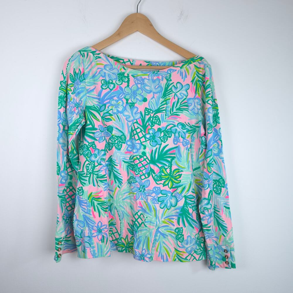 Lilly Pulitzer Aleah Top Long Sleeve Blue Green Tropic Flowers Boatneck Size XL